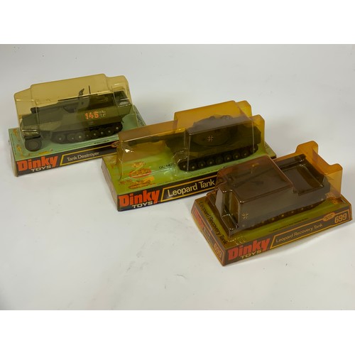 155 - DINKY TOY3 3 PLASTIC BOXED MILITARY MODELS, 699 LEOPARD RECOVERY TANK, 694 TANK DESTROYER,  692 LEOP... 