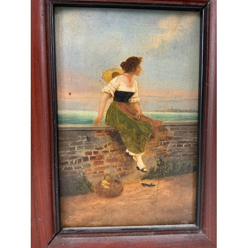 11 - OIL ON BOARD DEPICTING A LADY ON A WALL 18cm x12cm