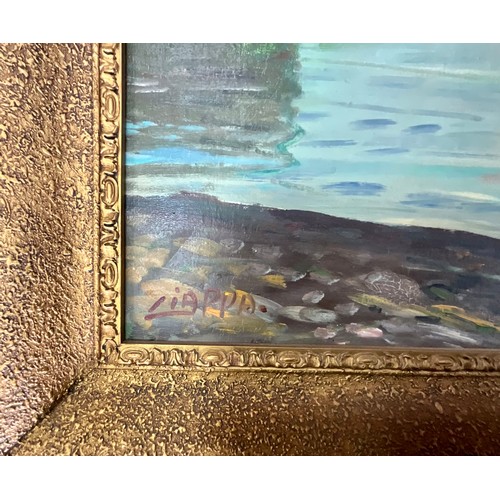 8 - GILT FRAMED OIL ON BOARD DEPICTING A NAPLES FISHING SCENE AGAINST A BACKDROP OF VESUVIAS POSSIBLY CA... 