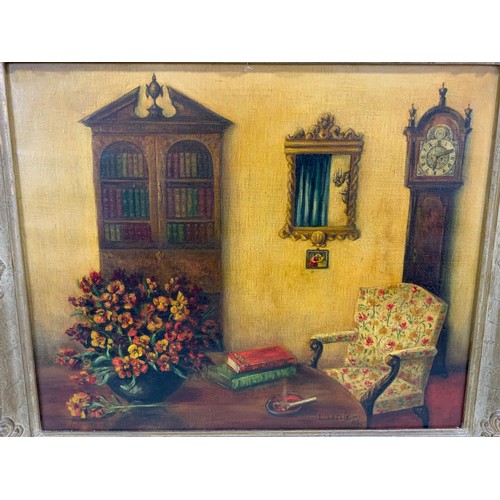 13 - L LESLIE OIL OF DRAWING ROOM SCENE WITH GRANDFATHER CLOCK 54cm x 45cm