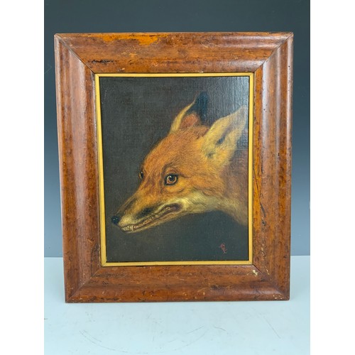 7 - PRIMITIVE OIL ON PANEL DEPICTING A FOX WITH MONOGRAM 29cm x 23cm