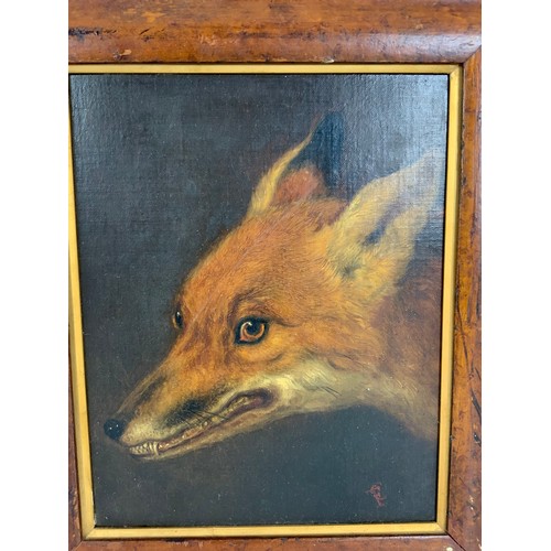 7 - PRIMITIVE OIL ON PANEL DEPICTING A FOX WITH MONOGRAM 29cm x 23cm