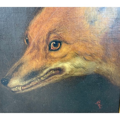 7 - PRIMITIVE OIL ON PANEL DEPICTING A FOX WITH MONOGRAM 29cm x 23cm