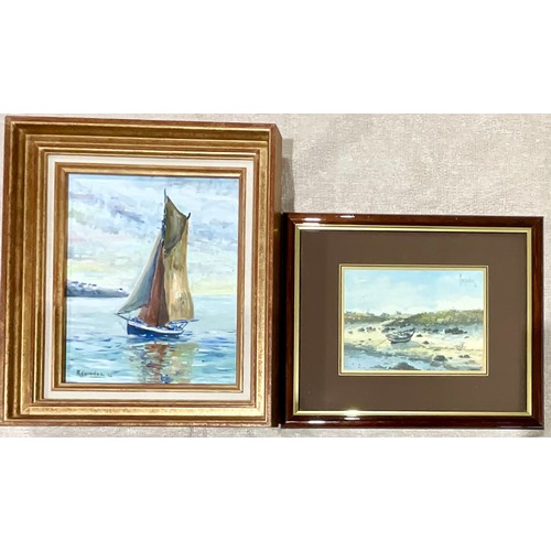 14 - OIL ON CANVAS SAILING BOAT POSSIBLY RENE GONIDEC T/W A SMALL BEACH SCENE PRINT