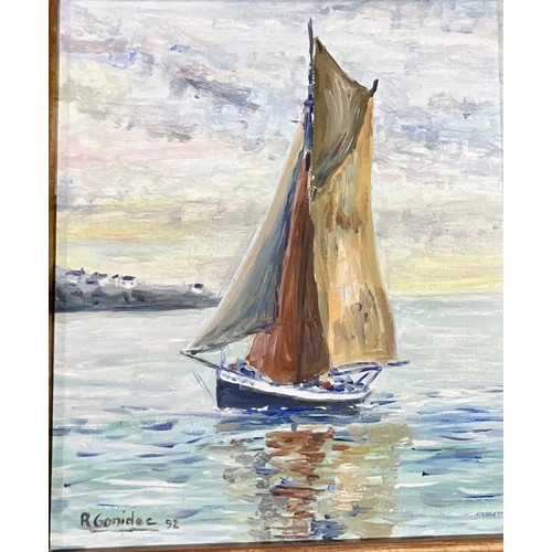 14 - OIL ON CANVAS SAILING BOAT POSSIBLY RENE GONIDEC T/W A SMALL BEACH SCENE PRINT