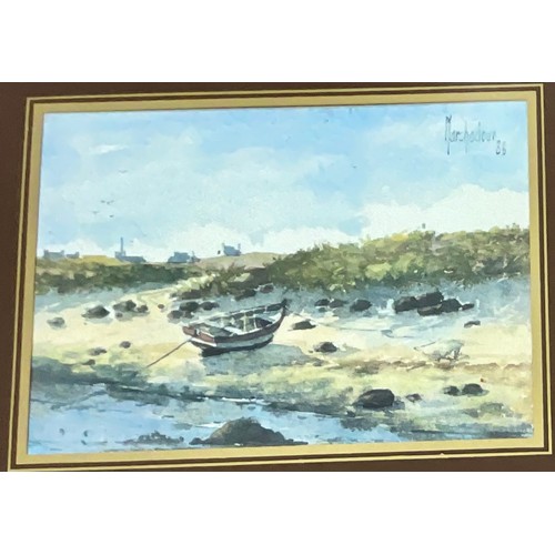 14 - OIL ON CANVAS SAILING BOAT POSSIBLY RENE GONIDEC T/W A SMALL BEACH SCENE PRINT