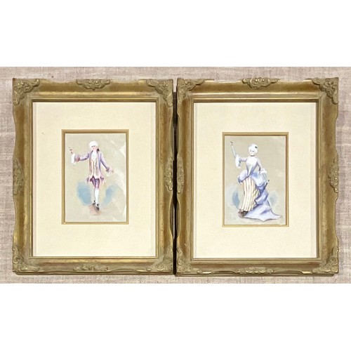 31 - PAIR OF GILT FRAMED WATERCOLOURS ON SILK DEPICTING 18TH CENTURY DRESS