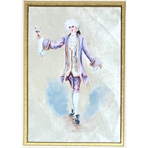 31 - PAIR OF GILT FRAMED WATERCOLOURS ON SILK DEPICTING 18TH CENTURY DRESS