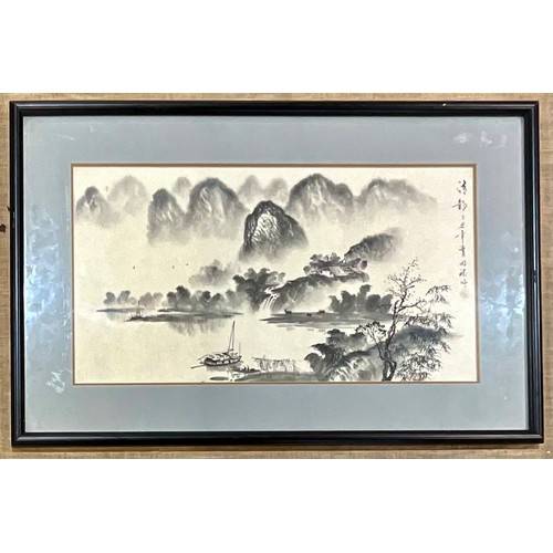 32 - CHINESE WATERCOLOUR DEPICTING A RIVERSIDE SCENE. Approx. 62 x 33cm