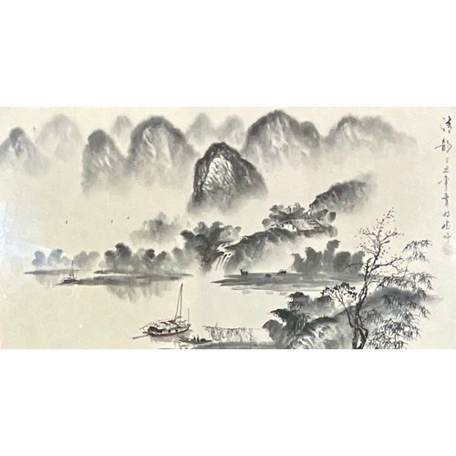 32 - CHINESE WATERCOLOUR DEPICTING A RIVERSIDE SCENE. Approx. 62 x 33cm