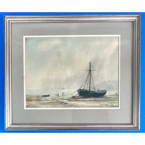 21 - DAVID BELLAMY WATERCOLOUR OF BEACHED SHIP AND DINGHIES AT LOW TIDE