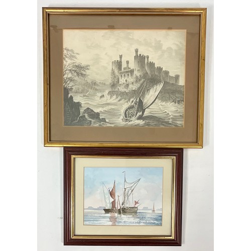 52 - AN INDISTINCTLY SIGNED MARITIME WATERCOLOUR T/W A FRAMED ETCHING DEPICTING ROUGH SEA AT CONWY CASTLE