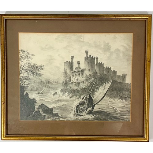 52 - AN INDISTINCTLY SIGNED MARITIME WATERCOLOUR T/W A FRAMED ETCHING DEPICTING ROUGH SEA AT CONWY CASTLE