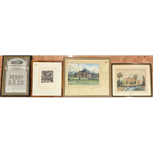 50 - FRAMED WATERCOLOUR OXLEY PARK GOLF CLUB, RAILWAY BONDS, 19TH CENTURY SIGNED ETCHING AND 19TH CENTURY... 