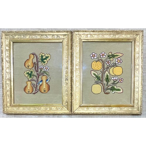 56 - PAIR OF STYLISED FRUIT TAPESTRIES IN GILT FRAMES. Approx. 29 x 23cm