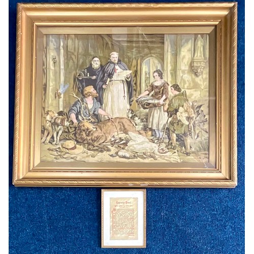 57 - LARGE FRAMED TAPESTRY PANEL ‘BOLTON ABBEY IN YE OLDEN TIME’ A/F, T/W A SMALLER FRAMED DESCRIPTION OF... 