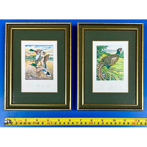 87 - PAIR OF MINIATURE STUART LAFFORD BIRD STUDY PRINTS, MALLARD DUCKS AND PEACOCK WITH PENCIL SIGNATURES