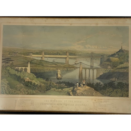 79 - MENAI SUSPENSION BRIDGE COLOURED LITHOGRAPH PRINT PUBLISHED BY S HUGHES BANGOR 1850 49cm x 33cm