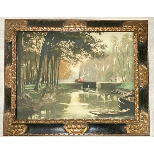 70 - CHROMOLITHOGRAPH DEPICTING A CANAL SCENE IN AN ORNATE FRAME. Approx. 69 x 52cm