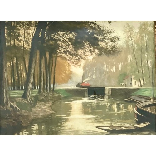 70 - CHROMOLITHOGRAPH DEPICTING A CANAL SCENE IN AN ORNATE FRAME. Approx. 69 x 52cm