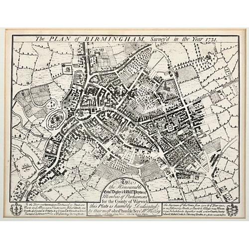 114 - FRAMED PLAN OF BIRMINGHAM (C. 1731), FRAMED PLAN OF CHELTENHAM (C. 1838) AND FRAMED ENGRAVING OF CHE... 