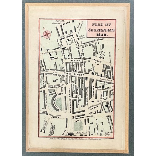 114 - FRAMED PLAN OF BIRMINGHAM (C. 1731), FRAMED PLAN OF CHELTENHAM (C. 1838) AND FRAMED ENGRAVING OF CHE... 