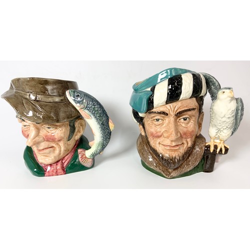 169 - ROYAL DOULTON THE FALCONER & THE POACHER LARGE CHARACTER JUGS WITH VETERAN MOTORIST SMALL & HONEST M... 