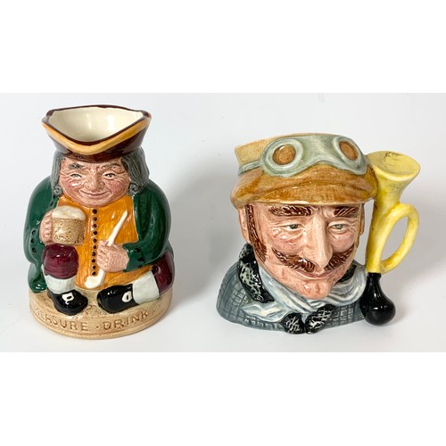 169 - ROYAL DOULTON THE FALCONER & THE POACHER LARGE CHARACTER JUGS WITH VETERAN MOTORIST SMALL & HONEST M... 