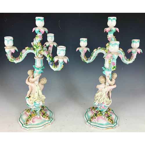 175 - A PAIR OF IMPRESSIVE SITZENDORF TYPE PORCELAIN FIGURAL CANDELABRA, 19TH CENTURY, APPROX. 46 cm tall ... 