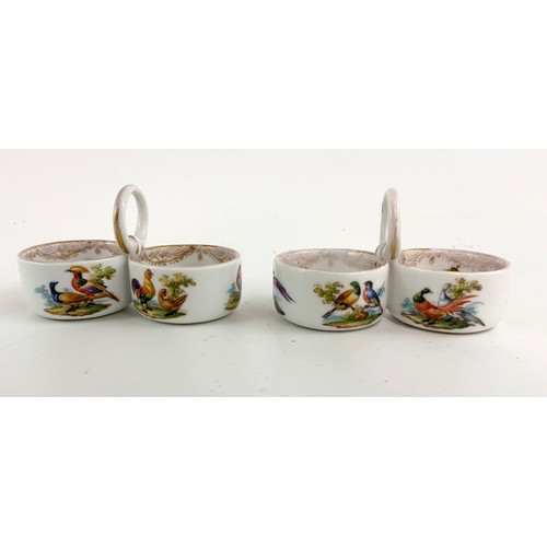 182 - PAIR OF  MEISSEN  PORCELAIN DOUBLE SALTS WITH LOOP HANDLE WITH POLYCHROME  DECORATION OF BIRDS WIDTH... 