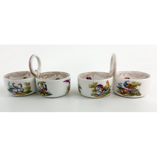 182 - PAIR OF  MEISSEN  PORCELAIN DOUBLE SALTS WITH LOOP HANDLE WITH POLYCHROME  DECORATION OF BIRDS WIDTH... 