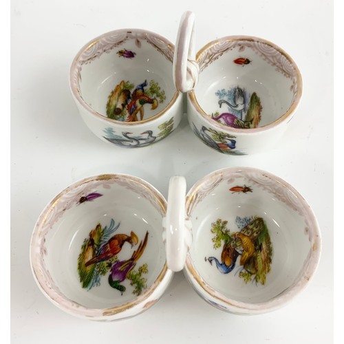 182 - PAIR OF  MEISSEN  PORCELAIN DOUBLE SALTS WITH LOOP HANDLE WITH POLYCHROME  DECORATION OF BIRDS WIDTH... 