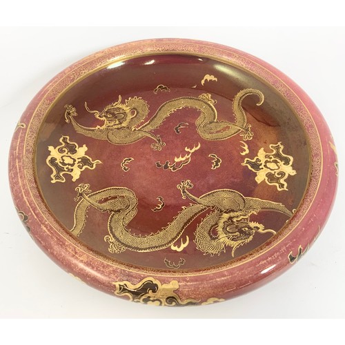 183 - SHALLOW CARLTON  DRAGON LUSTRE WARE BOWL 32cm DIAMETER TOGETHER WITH A  BURLEIGH  WARE LUSTRE BOWL 2... 