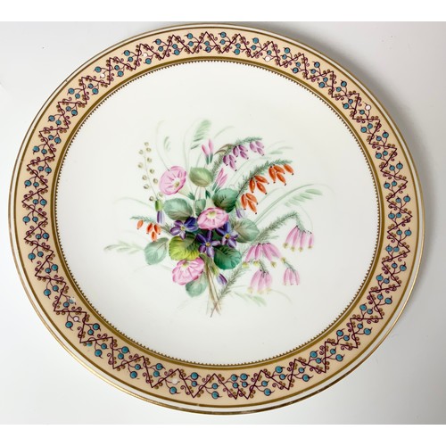 190 - 4 ROYAL WORCESTER (GRAINGERS?) HAND PAINTED PLATES WITH JEWELLED ENAMEL BORDERS, EACH DEPICTING SPRI... 