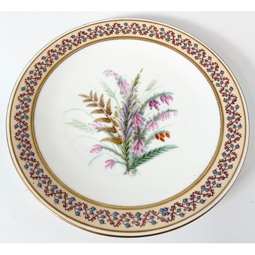 190 - 4 ROYAL WORCESTER (GRAINGERS?) HAND PAINTED PLATES WITH JEWELLED ENAMEL BORDERS, EACH DEPICTING SPRI... 