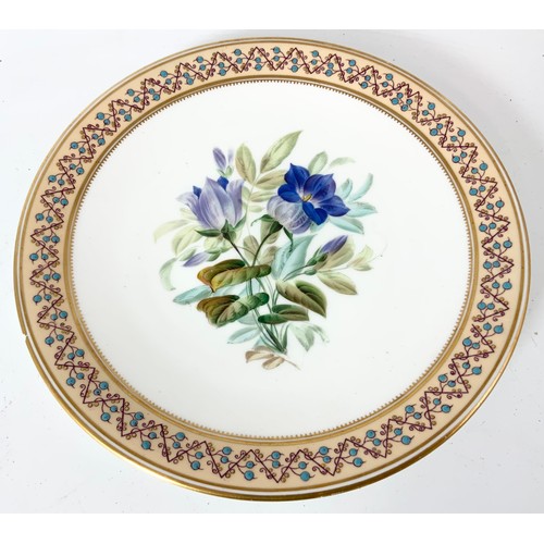 190 - 4 ROYAL WORCESTER (GRAINGERS?) HAND PAINTED PLATES WITH JEWELLED ENAMEL BORDERS, EACH DEPICTING SPRI... 