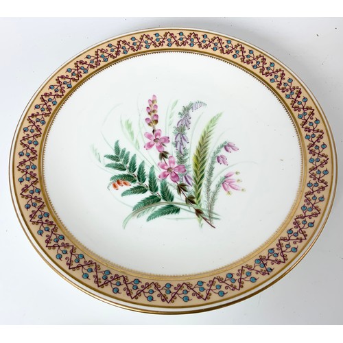 190 - 4 ROYAL WORCESTER (GRAINGERS?) HAND PAINTED PLATES WITH JEWELLED ENAMEL BORDERS, EACH DEPICTING SPRI... 