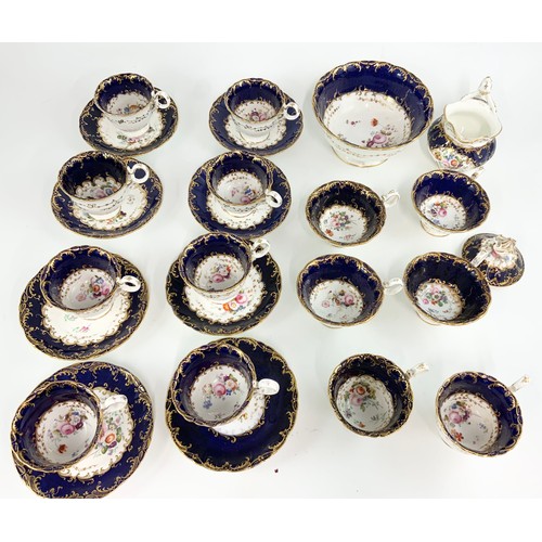 207 - 19th CENTURY  BLUE AND GILT PART TEA SERVICE WITH  HAND PAINTED FLORAL DECORATION