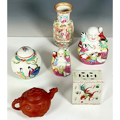 233 - TWO CHINESE PORCELAIN LAUGHING BUDDHA FIGURES WITH CHILDREN, THREE CHINESE VASES AND AN ORIENTAL TER... 