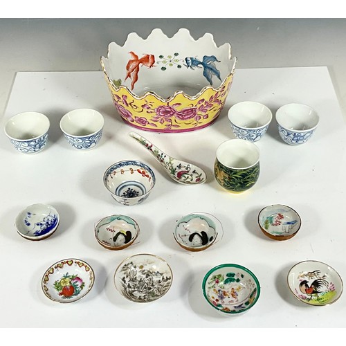 234 - ORIENTAL POTTERY TO INCLUDE INDIA JANE BOWL,  VINTAGE DOUBLE HAPPINESS BOWLS, KOI CARP BOWLS