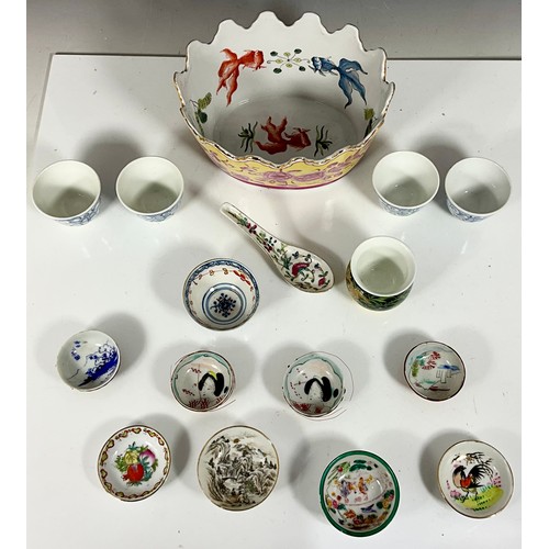 234 - ORIENTAL POTTERY TO INCLUDE INDIA JANE BOWL,  VINTAGE DOUBLE HAPPINESS BOWLS, KOI CARP BOWLS