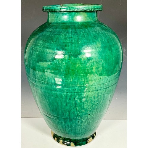 240 - LARGE GREEN BALUSTER VASE (VENDOR BELIEVES TO BE CHINESE MING/QING DYNASTY)