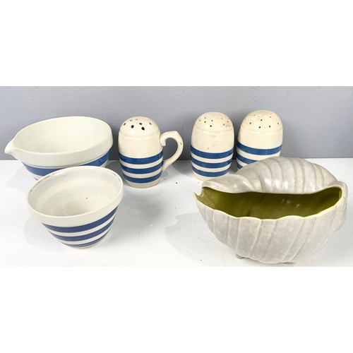 256 - MISC. CORNISH WARE INCLUDING SIFTERS, POOLE SHELL SHAPED VASE AND MISC. PORTMEIRION