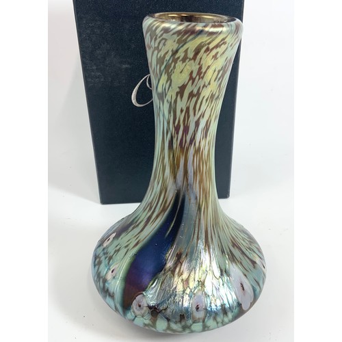 273 - OKRA IRIDESCENT GLASS VASE 22cm TALL  WITH ORIGINAL BOX