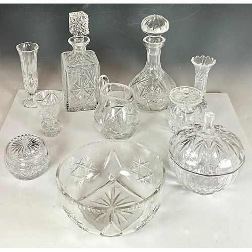 279 - MISC. CUT GLASS INC. DECANTERS, VASES, BOWLS, JARS AND A JUG