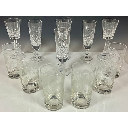 289 - SIX ETCHED GLASSES TOGETHER WITH THREE GALWAY GLASS WINES WITH OCTAGONAL STEMS AND THREE FLUTES