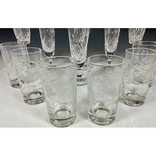 289 - SIX ETCHED GLASSES TOGETHER WITH THREE GALWAY GLASS WINES WITH OCTAGONAL STEMS AND THREE FLUTES