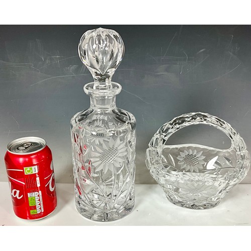 278 - SUNFLOWER ETCHED DECANTER AND MATCHING GLASS BASKET