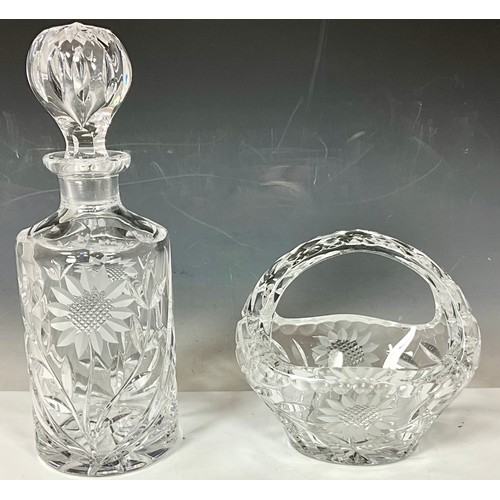 278 - SUNFLOWER ETCHED DECANTER AND MATCHING GLASS BASKET