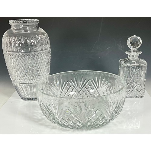 283 - LARGE 30cm DIA. BRIERLEY FRUIT BOWL, LARGE 32cm TALL VASE AND DECANTER